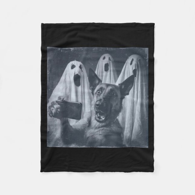 Funny Belgian Malinois Selfie Halloween Ghost Retr Fleece Blanket (Front)