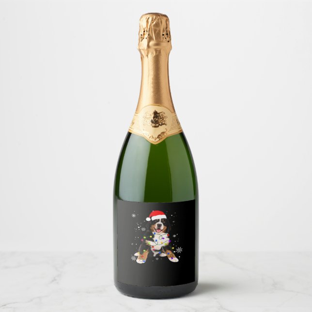Funny Bernese Mountain Dog Lights Christmas Matchi Sparkling Wine Label (Front)