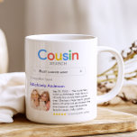 Funny Best Cousin Ever Search Result With Photo Coffee Mug<br><div class="desc">This playful and heartwarming gift mug is the perfect way to celebrate the best cousin ever. Styled like a search engine result, it humorously crowns your cousin as the world's best, complete with your personal message and a custom photo for an extra special touch. The vibrant, modern design adds a...</div>