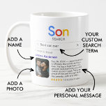 Funny Best Son Ever Search Result With Photo Coffee Mug<br><div class="desc">Funny mug for your son with a 'Search' logo and a single search result for "Best son ever', featuring your son's name, a photo, a personal message, and a 5-star rating. If you need any help customizing this, please message me using the button below and I'll be happy to help....</div>