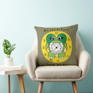 Funny "Better Late Than Never" Turtle Alarm Clock Throw Pillow