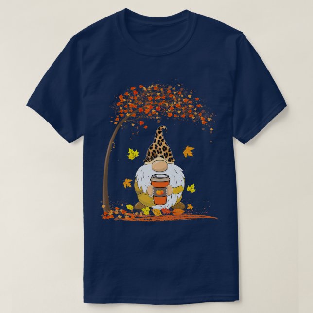 Funny Bicycle Autumn Leaf Tree Fall Gnome with Pum T-Shirt (Design Front)