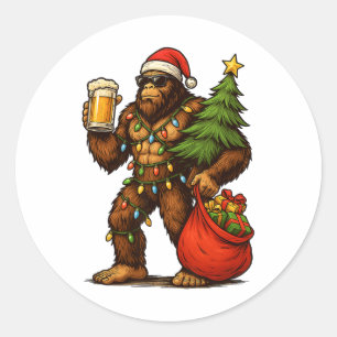 Funny Big Foot Santa Hat Drink Christmas Tree Xmas Classic Round Sticker