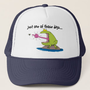 Funny big green frog with fly cartoon trucker hat