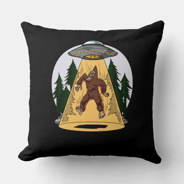 Funny Bigfoot Alien Abduction Space UFO Throw Pillow (Front)