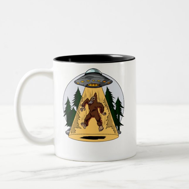 Funny Bigfoot Alien Abduction Space UFO Two-Tone Coffee Mug (Left)