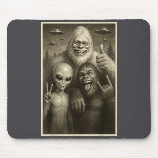 Funny Bigfoot, Alien, &amp; Yeti Sasquatch Rock On Mouse Pad (Front)