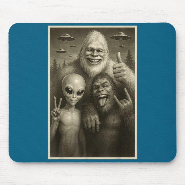 Funny Bigfoot, Alien, &amp; Yeti Sasquatch Rock On Mouse Pad (Front)