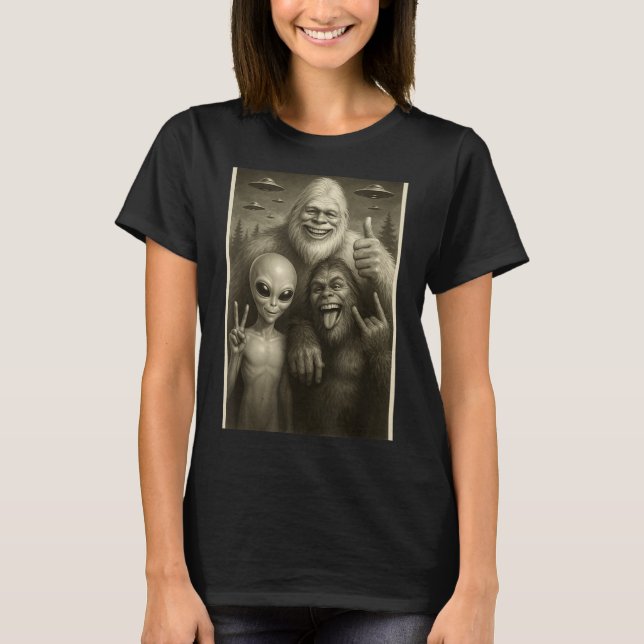 Funny Bigfoot, Alien, &amp; Yeti Sasquatch Rock On T-Shirt (Front)