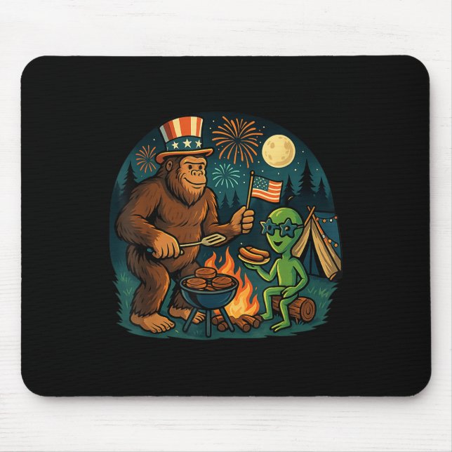 Funny Bigfoot Alien Bbq Campfire 4th Of July Ameri Mouse Pad (Front)