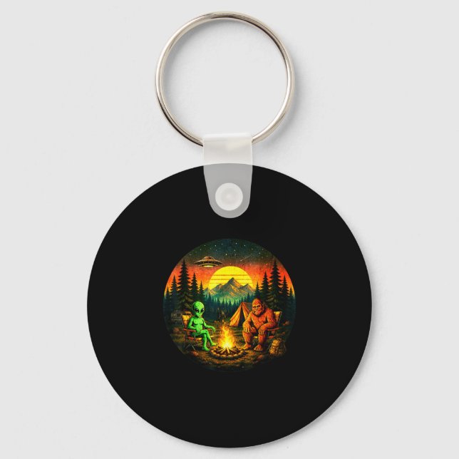 Funny bigfoot alien camping retro ufo campfire  keychain (Front)