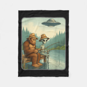 Funny Bigfoot & Alien Fishing Ufo Meme Fleece Blanket