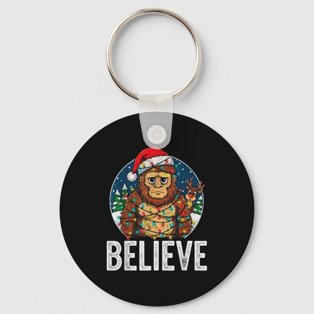Funny Bigfoot Believe Christmas Sasquatch Santa Fo Keychain (Front)