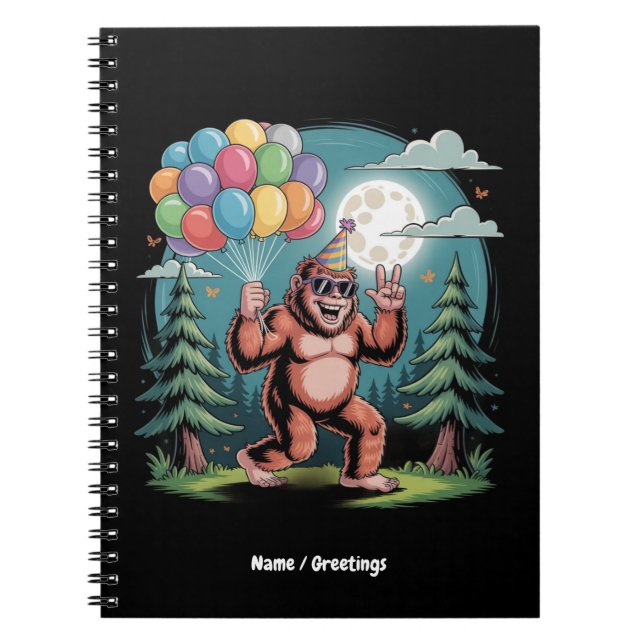 Funny Bigfoot Birthday Party Bash Balloons Notebook (Front)