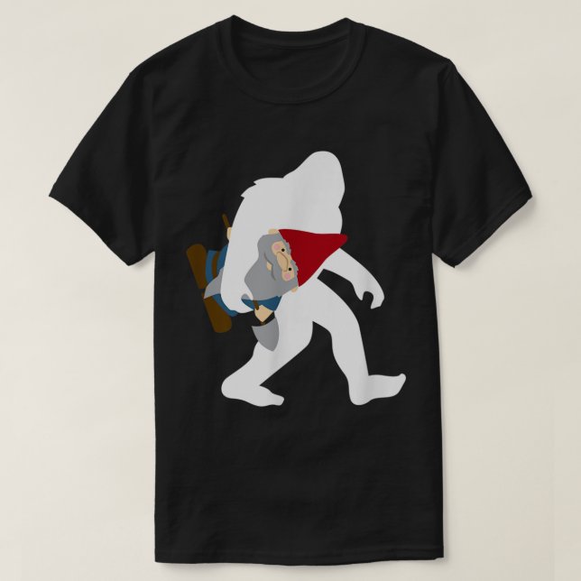 Funny Bigfoot Carrying Gnome Design T-Shirt (Design Front)
