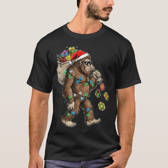 Funny Bigfoot Christmas Tree Lights Xmas Boys Mens T-Shirt (Front)