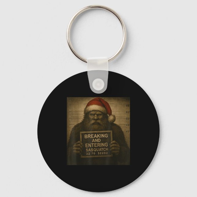 Funny Bigfoot Christmas – Xmas Sasquatch Mugshot  Keychain (Front)
