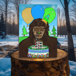 Funny Bigfoot eating Birthday Cake Card<br><div class="desc">Sasquatch Birthday card. Funny Bigfoot humour. Hand drawn Bigfoot eating a birthday cake.</div>