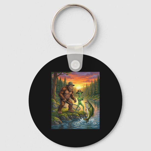 Funny Bigfoot Fishing Mens Alien Sasquatch Fishing Keychain (Front)