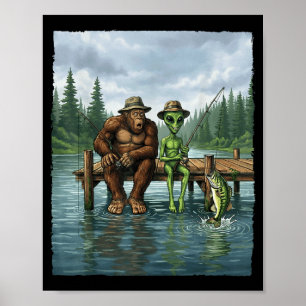 Funny Bigfoot Fishing Mens Alien Sasquatch Fishing Poster