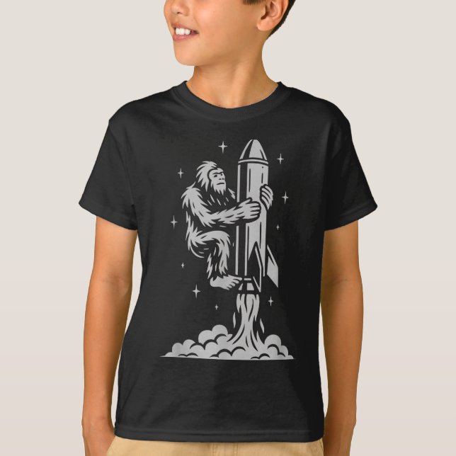 Funny Bigfoot Flying Into Space With Stars And Cos T-Shirt (Front)