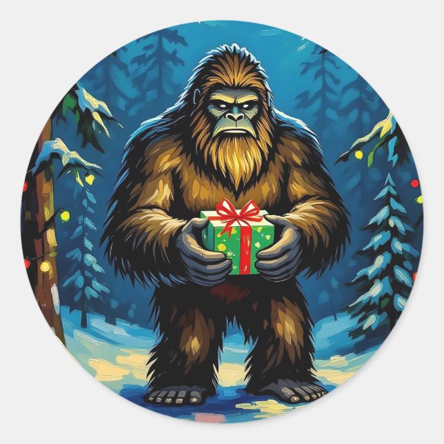 Funny Bigfoot holding a Christmas Gift Classic Round Sticker (Front)