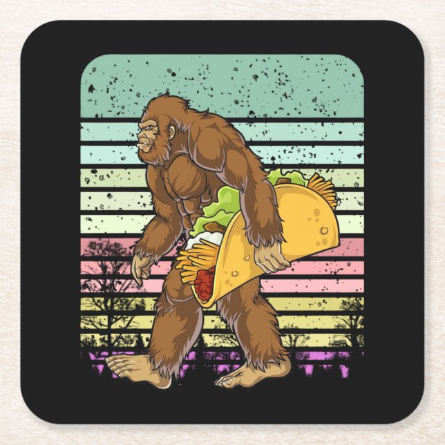 Funny Bigfoot Holding A Taco Square Paper Coaster (Front)