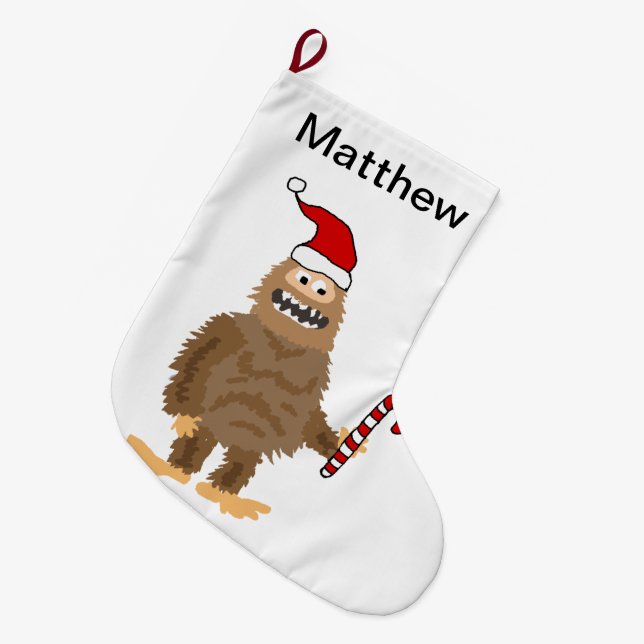 Funny Bigfoot in Santa hat Christmas Cartoon Large Christmas Stocking (Front (Hanging))