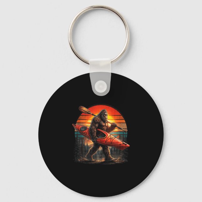 Funny bigfoot kayaking retro sunset sasquatch keychain (Front)