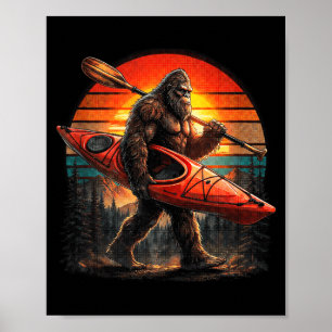 Funny bigfoot kayaking retro sunset sasquatch poster