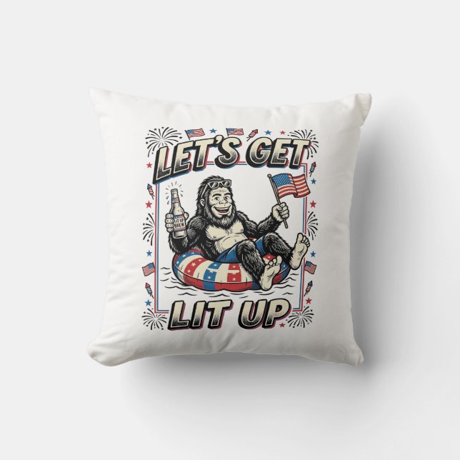 Funny Bigfoot Let’s Get Lit Up Patriotic Throw Pillow (Front)