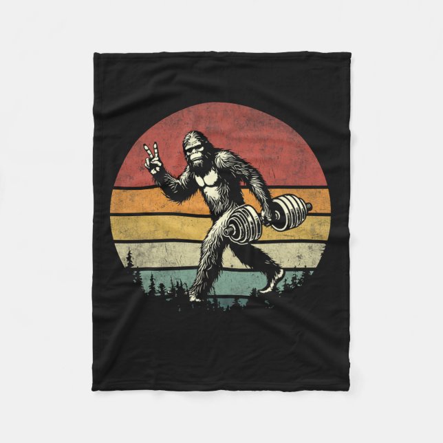 Funny Bigfoot Lifting Gym Retro Bigfoot Sasquatch  Fleece Blanket (Front)