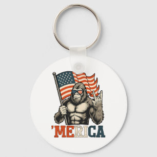Funny Bigfoot Merica Rock Usa Flag Patriotic 4th O Keychain