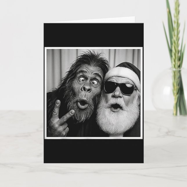 Funny Bigfoot Photobooth With Santa Christmas Xmas Card (Front)