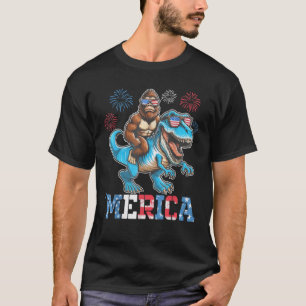 Funny Bigfoot Riding Dinosaur Merica Fireworks 4th T-Shirt