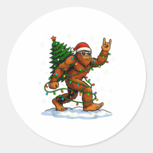 Funny Bigfoot Rock On Christmas Lights Snow Holida Classic Round Sticker