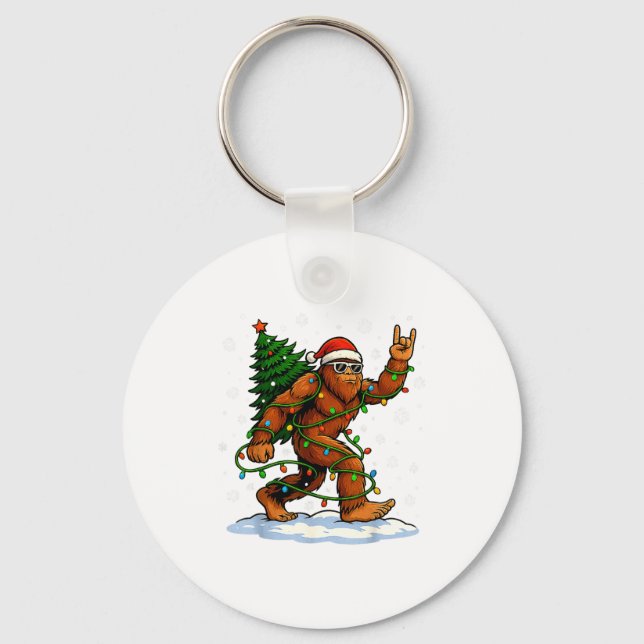 Funny Bigfoot Rock On Christmas Lights Snow Holida Keychain (Front)