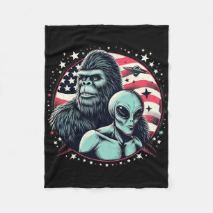 Funny Bigfoot Sasquatch Alien Amp Bigfoot Usa Flag Fleece Blanket