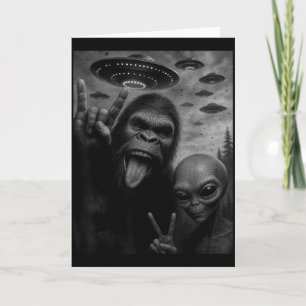 Funny Bigfoot Selfie With Alien Sasquatch Rock On  Card
