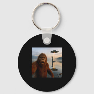 Funny Bigfoot Selfie With Loch Ness Monster And Uf Keychain