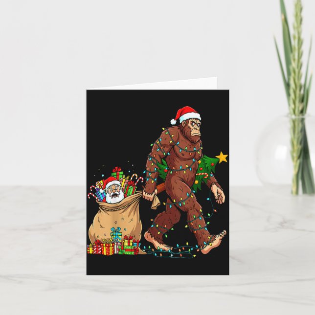 Funny Bigfoot Steals Santa &amp; Xmas Tree - Chris Card (Front)