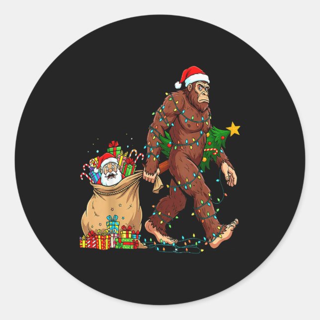 Funny Bigfoot Steals Santa &amp; Xmas Tree - Chris Classic Round Sticker (Front)