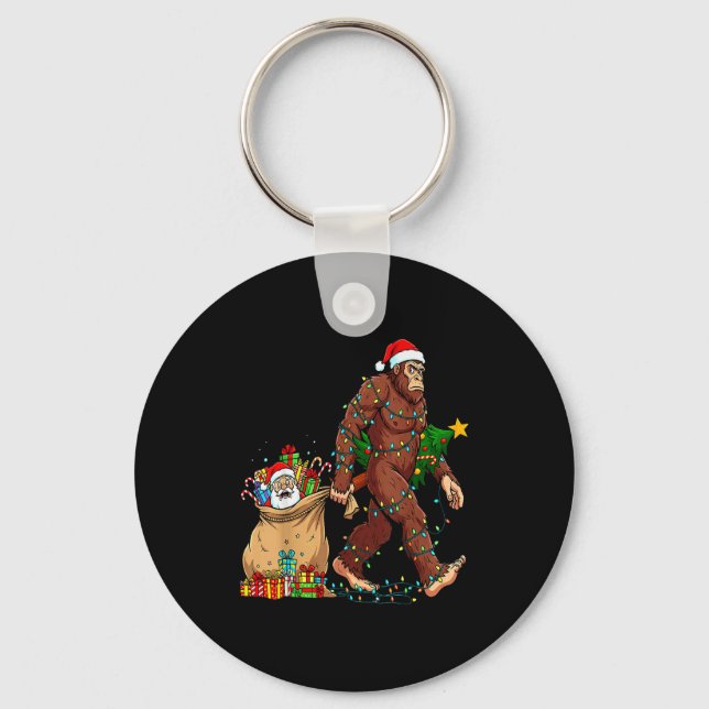Funny Bigfoot Steals Santa &amp; Xmas Tree - Chris Keychain (Front)
