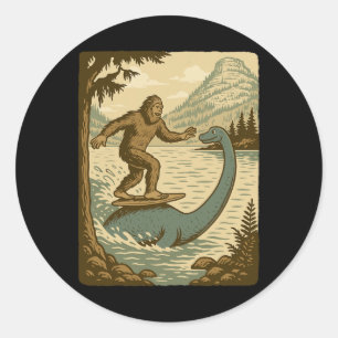 Funny Bigfoot Surfs Loch Ness Monster Retro  Classic Round Sticker