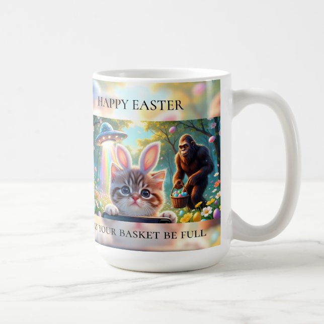 Funny Bigfoot UFO Easter | Cute Cat Bunny Selfie Coffee Mug (Right)
