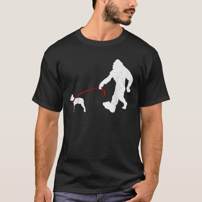 Funny Bigfoot Walking With Boston Terrier Dog Gift T-Shirt (Front)
