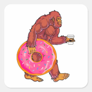 Funny Bigfoot Walking with Large Donut and Coffee Square Sticker