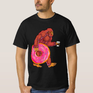 Funny Bigfoot Walking with Large Donut and Coffee T-Shirt