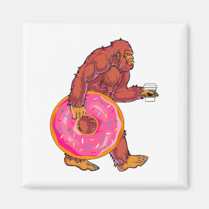 Funny Bigfoot Walking with Large Doughnut and Coff Magnet