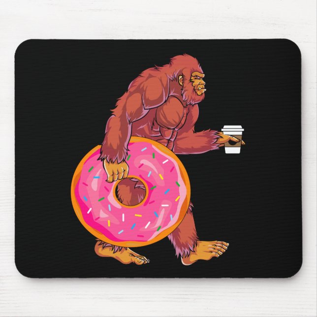 Funny Bigfoot Walking with Large Doughnut and Coff Mouse Pad (Front)